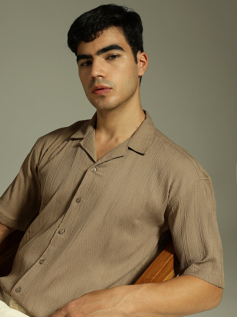 Light Brown: Self Design Oversized Casual Shirt