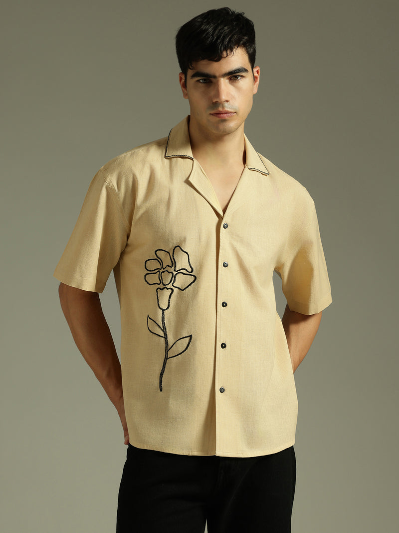 Beige & Black: Embroidered Drop Shoulder Oversized Shirt