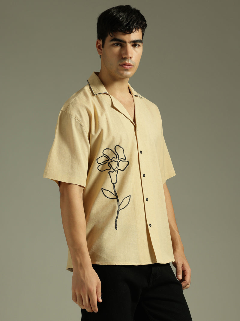 Beige & Black: Embroidered Drop Shoulder Oversized Shirt
