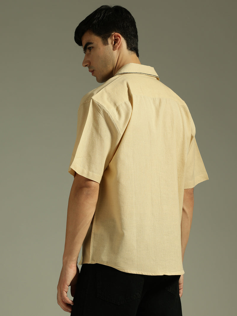 Beige & Black: Embroidered Drop Shoulder Oversized Shirt