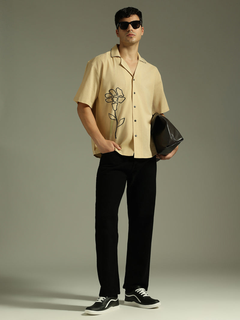 Beige & Black: Embroidered Drop Shoulder Oversized Shirt