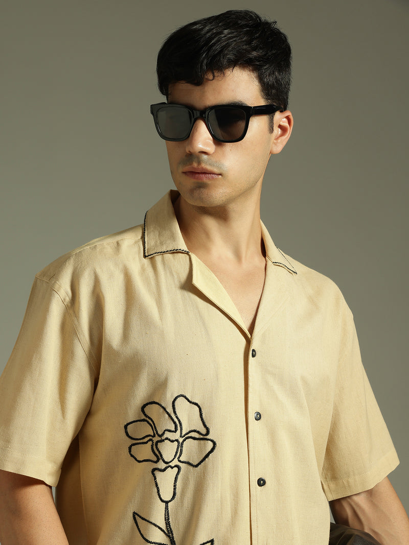 Beige & Black: Embroidered Drop Shoulder Oversized Shirt