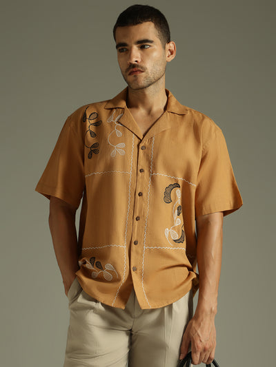 Mustard & White: Embroidered Drop Shoulder Oversized Shirt