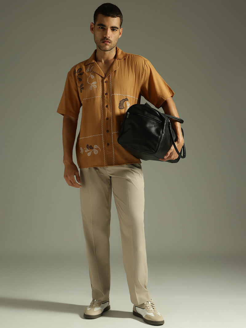Mustard & White: Embroidered Drop Shoulder Oversized Shirt