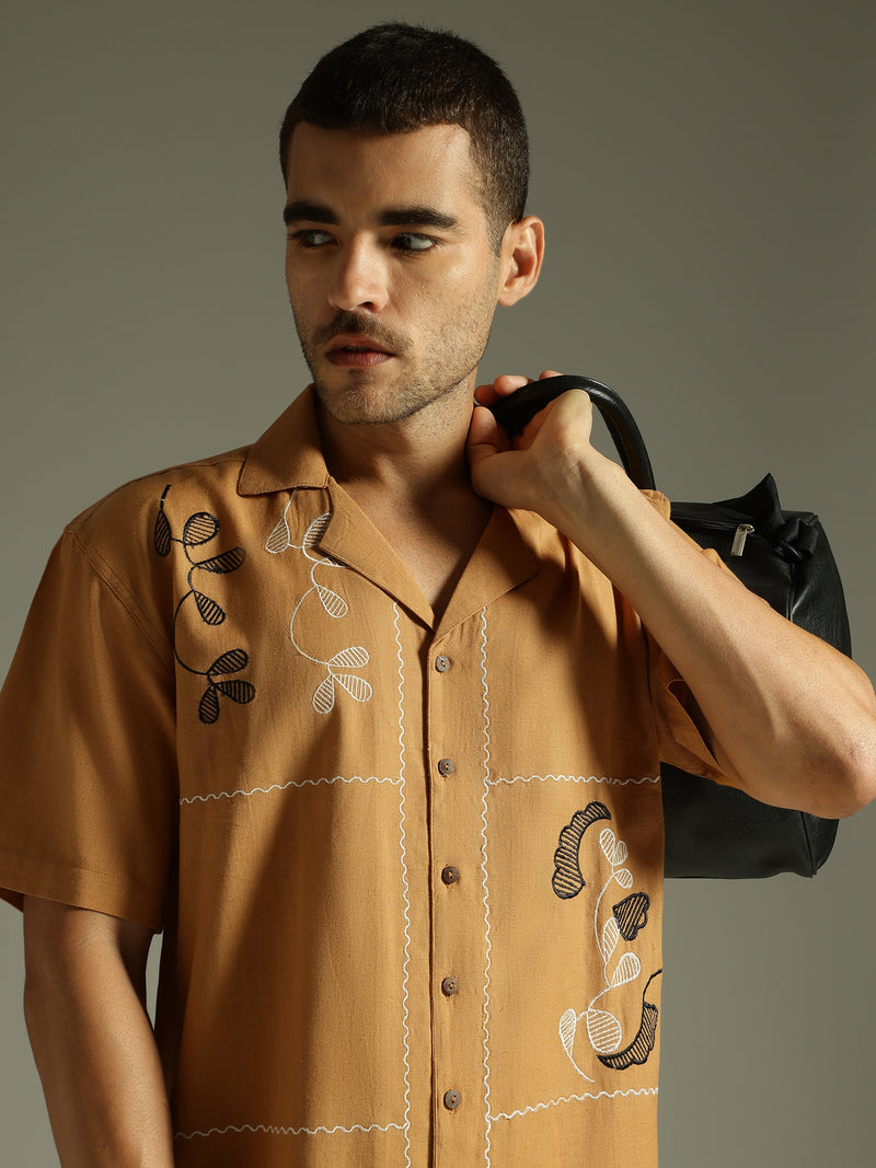 Mustard & White: Embroidered Drop Shoulder Oversized Shirt