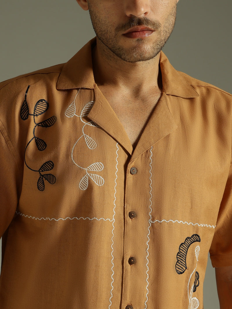 Mustard & White: Embroidered Drop Shoulder Oversized Shirt