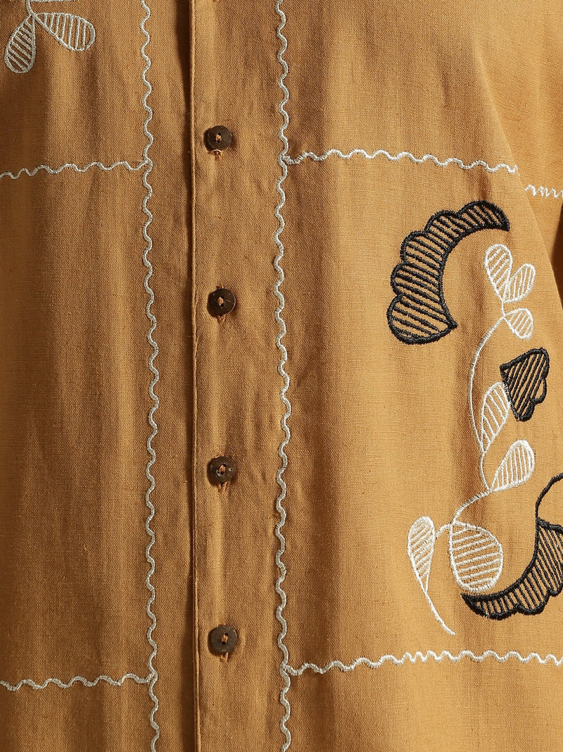 Mustard & White: Embroidered Drop Shoulder Oversized Shirt