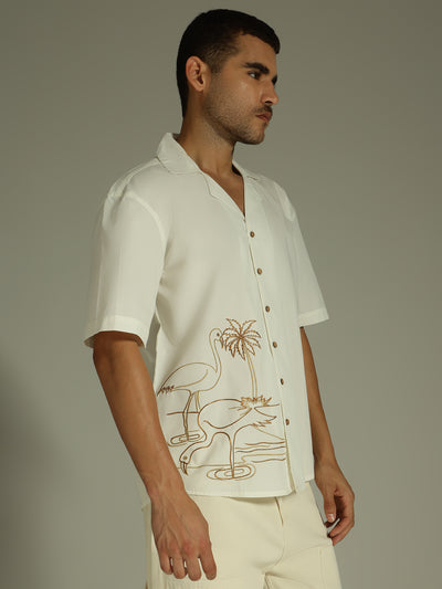 White & Brown: Embroidered Drop Shoulder Oversized Shirt