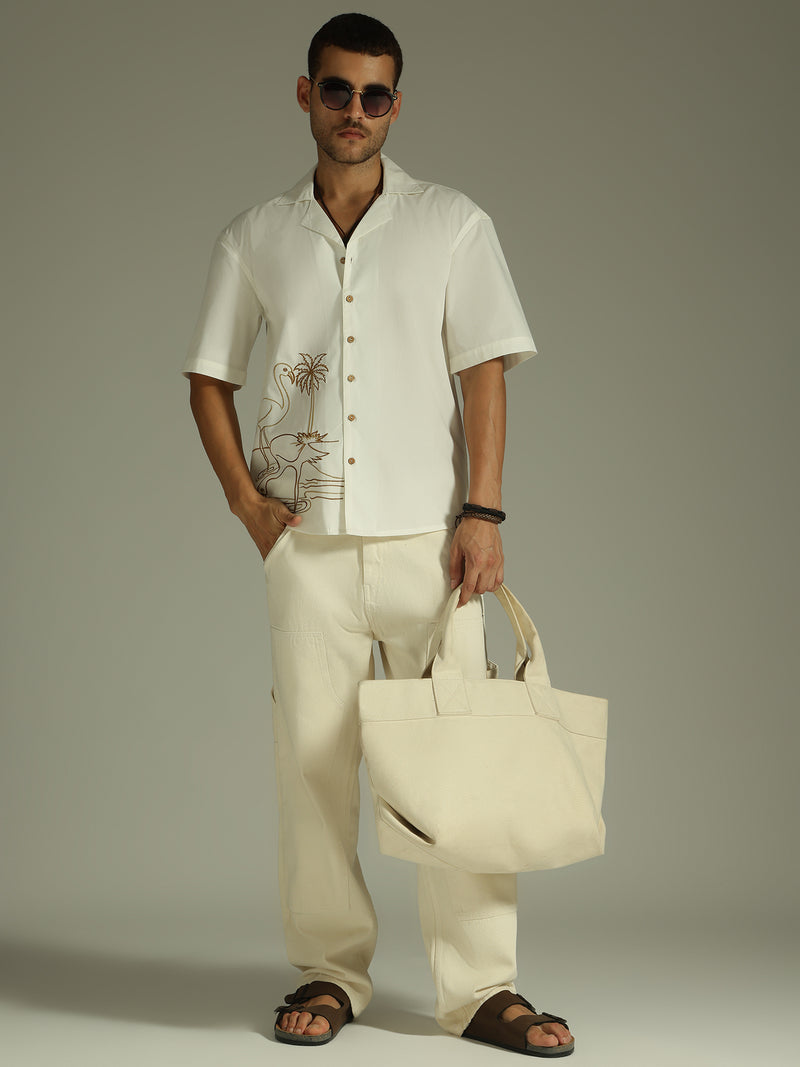 White & Brown: Embroidered Drop Shoulder Oversized Shirt