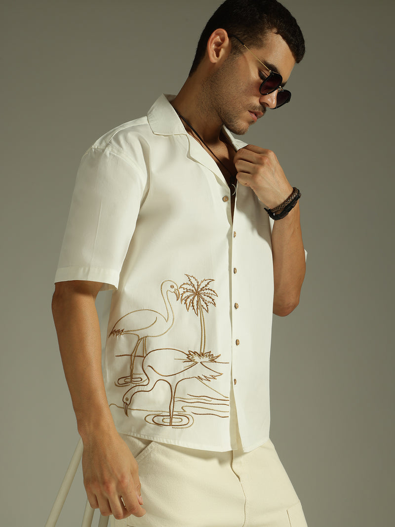 White & Brown: Embroidered Drop Shoulder Oversized Shirt