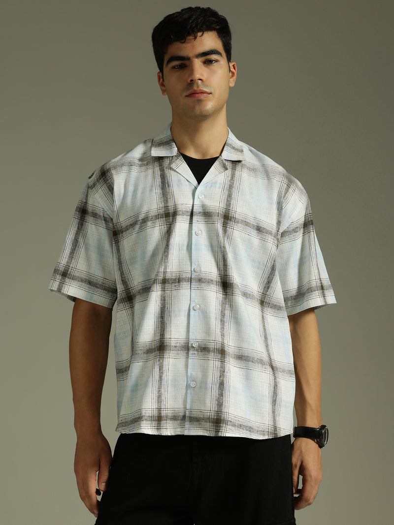 White & Light Blue: Half Sleeves Windowpane Checks Shirt