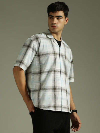 White & Light Blue: Half Sleeves Windowpane Checks Shirt