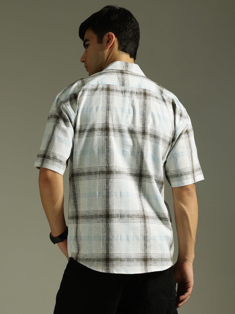 White & Light Blue: Half Sleeves Windowpane Checks Shirt