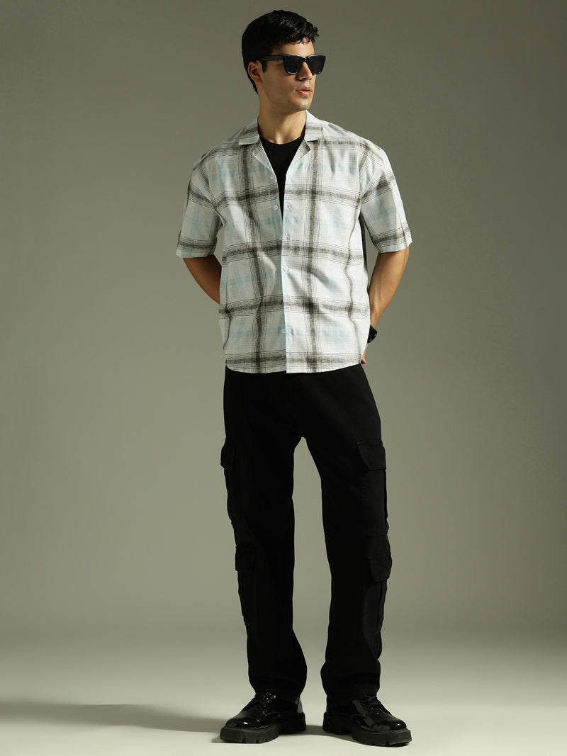 White & Light Blue: Half Sleeves Windowpane Checks Shirt