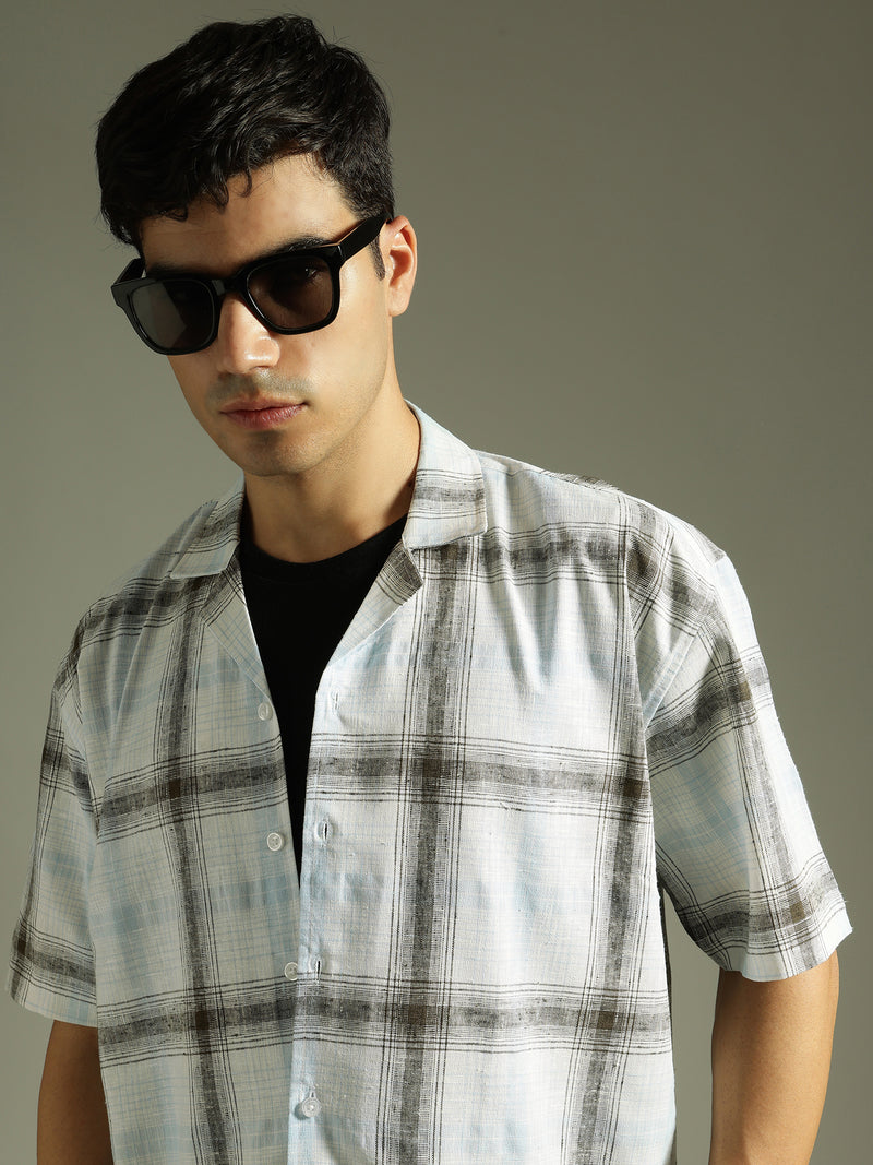 White & Light Blue: Half Sleeves Windowpane Checks Shirt