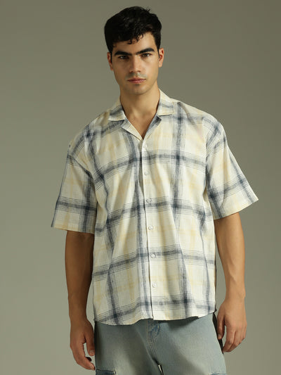 White & Beige: Half Sleeves Windowpane Checks Shirt