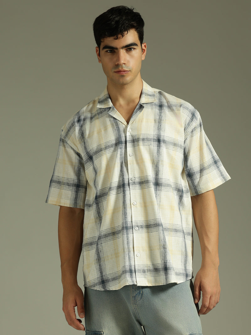 White & Beige: Half Sleeves Windowpane Checks Shirt