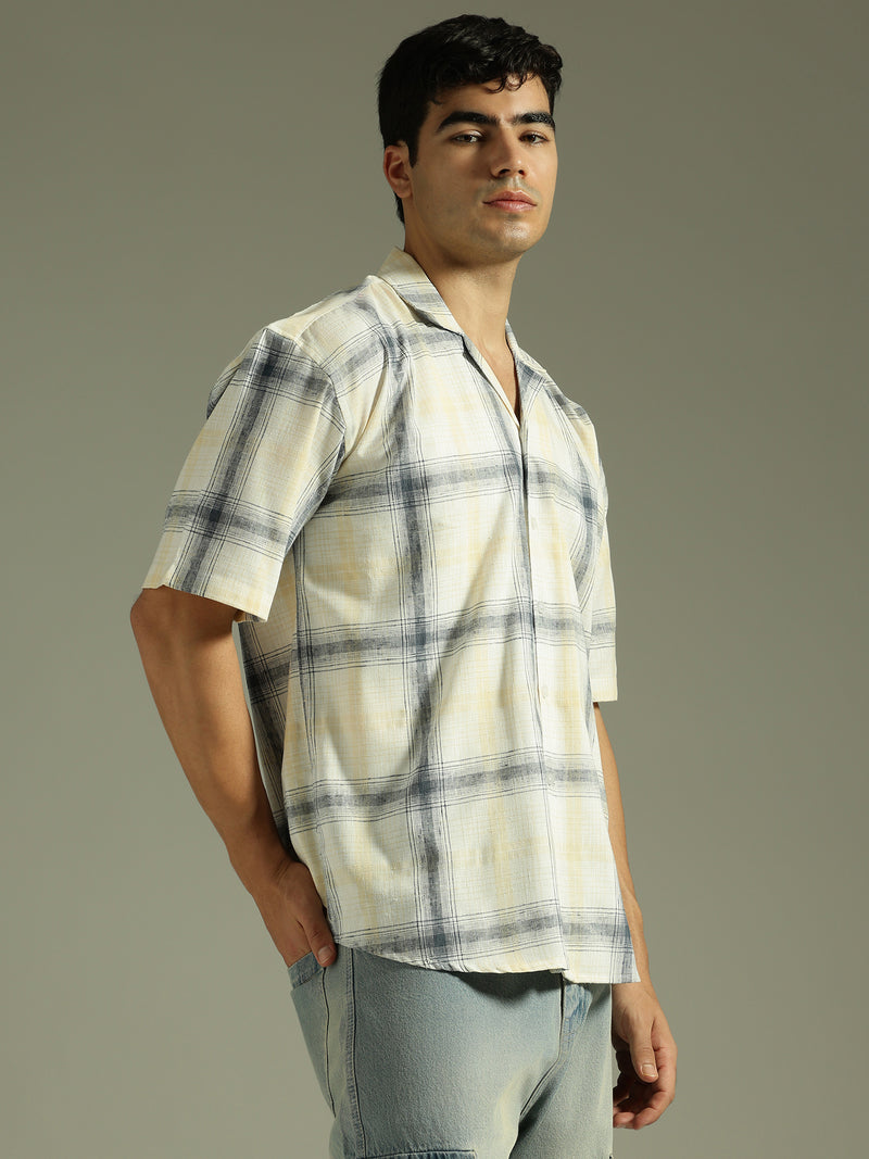 White & Beige: Half Sleeves Windowpane Checks Shirt