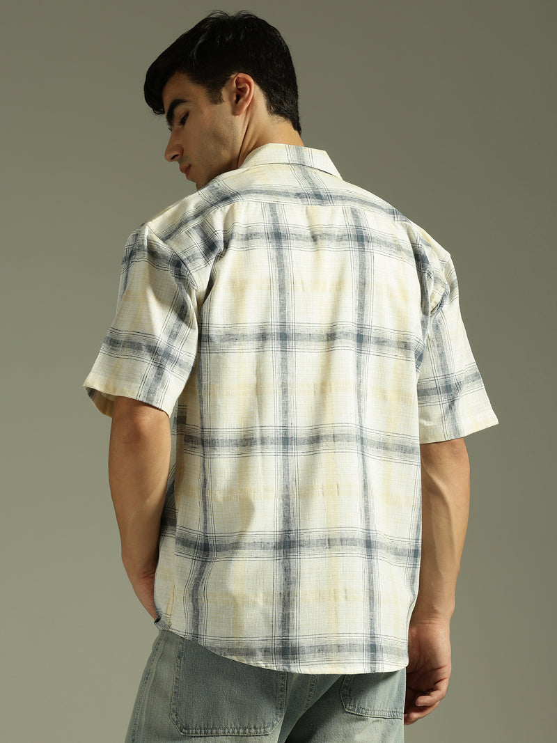 White & Beige: Half Sleeves Windowpane Checks Shirt