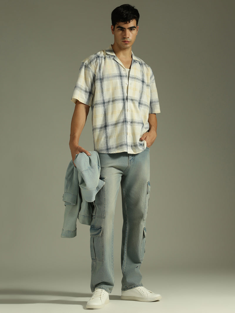 White & Beige: Half Sleeves Windowpane Checks Shirt
