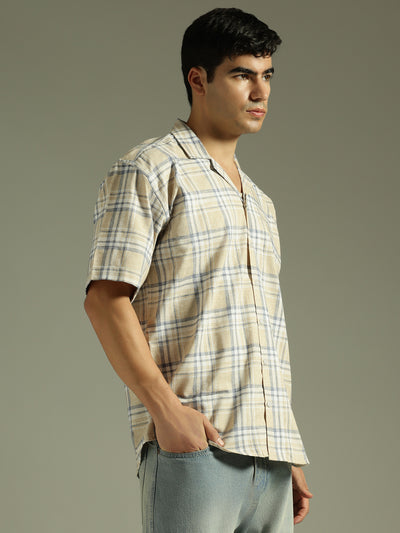Beige & Blue: Half Sleeves Windowpane Checks Shirt