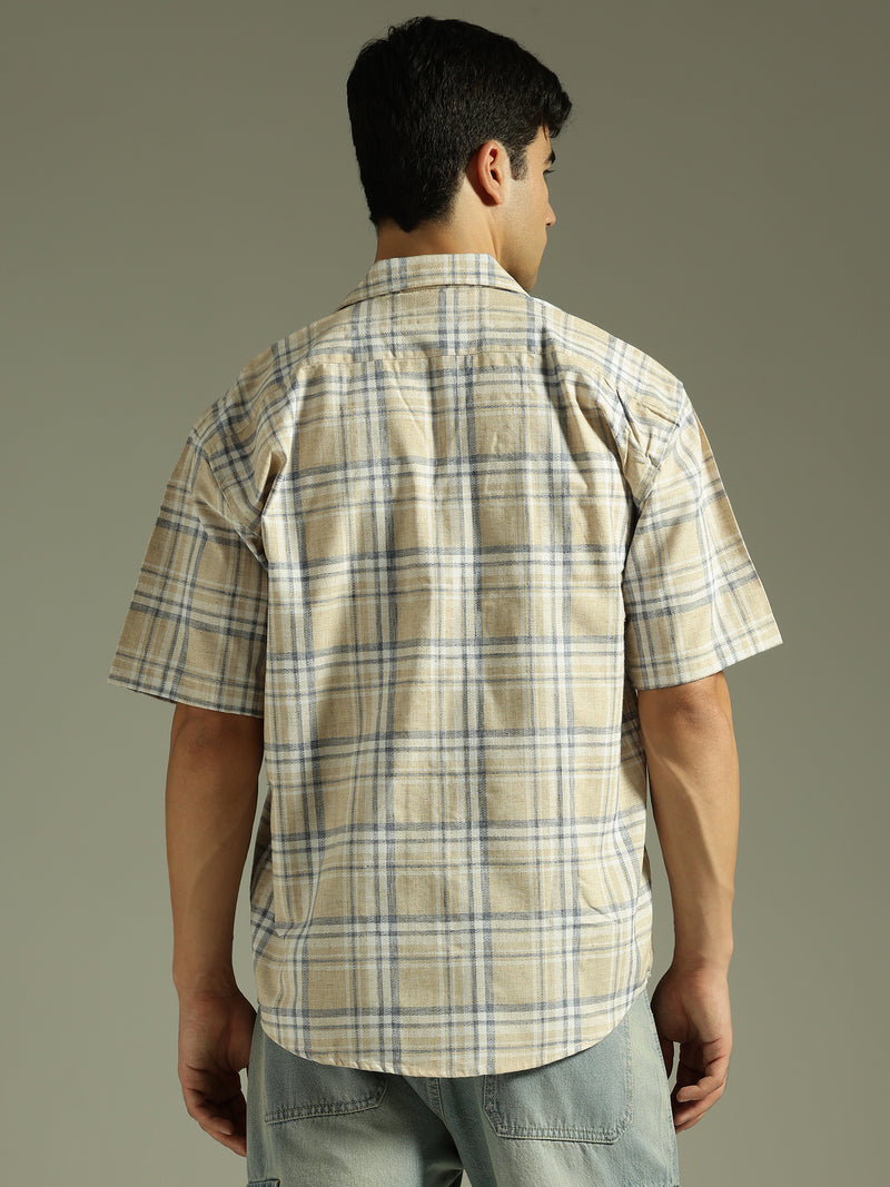 Beige & Blue: Half Sleeves Windowpane Checks Shirt