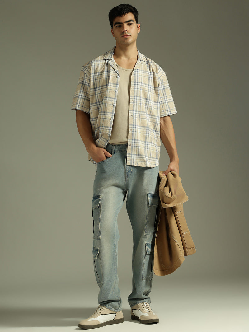 Beige & Blue: Half Sleeves Windowpane Checks Shirt