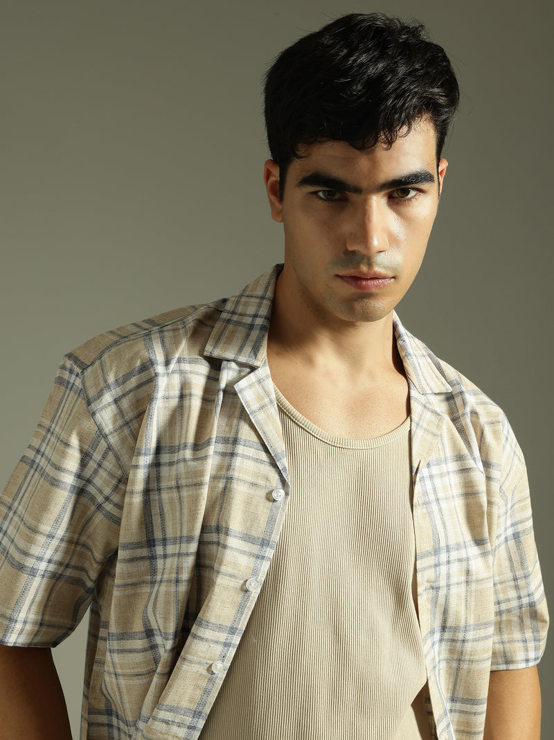 Beige & Blue: Half Sleeves Windowpane Checks Shirt