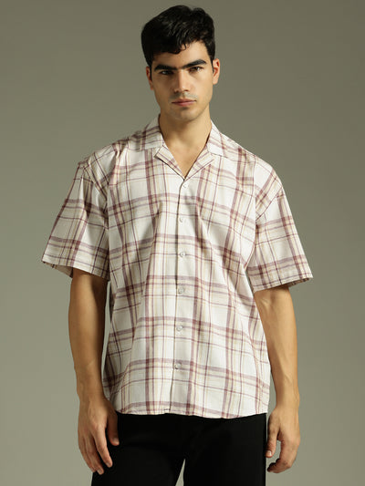 Beige & Maroon: Half Sleeves Tartan Checks Shirt
