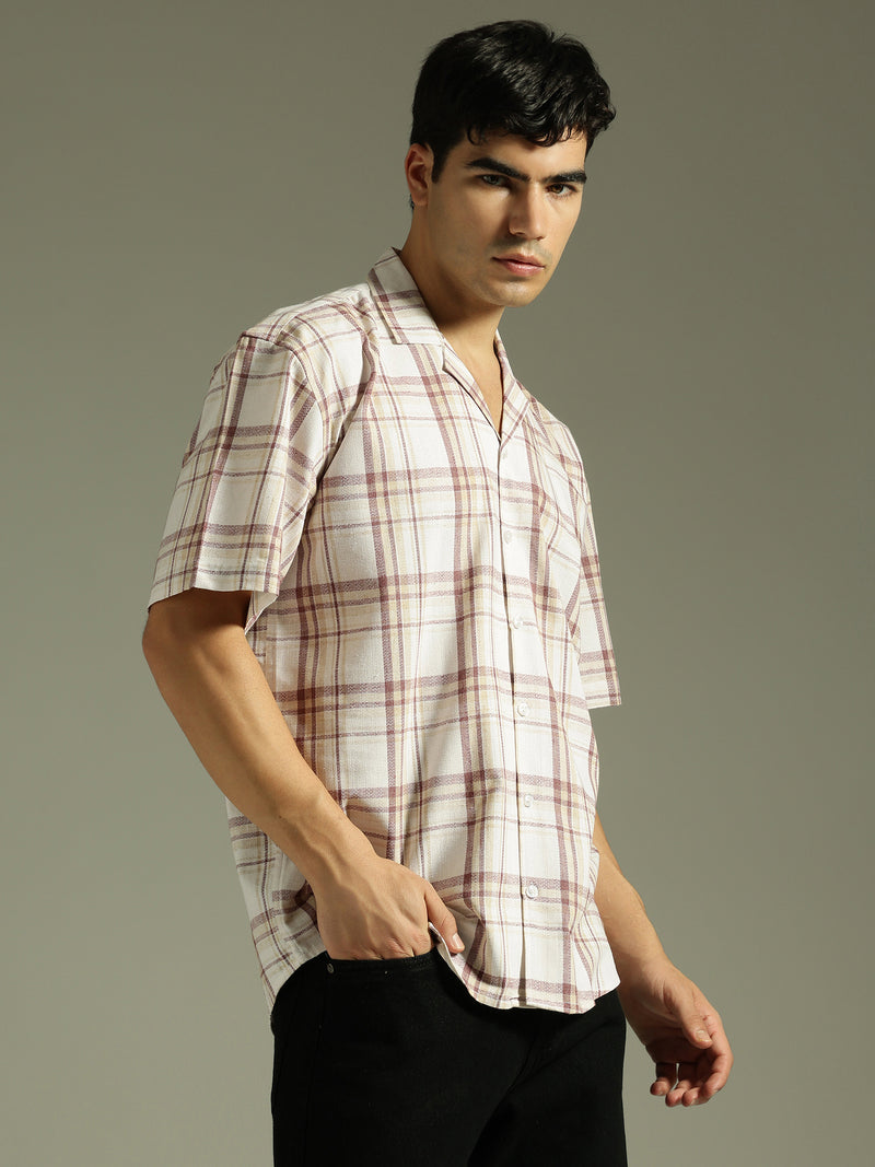 Beige & Maroon: Half Sleeves Tartan Checks Shirt