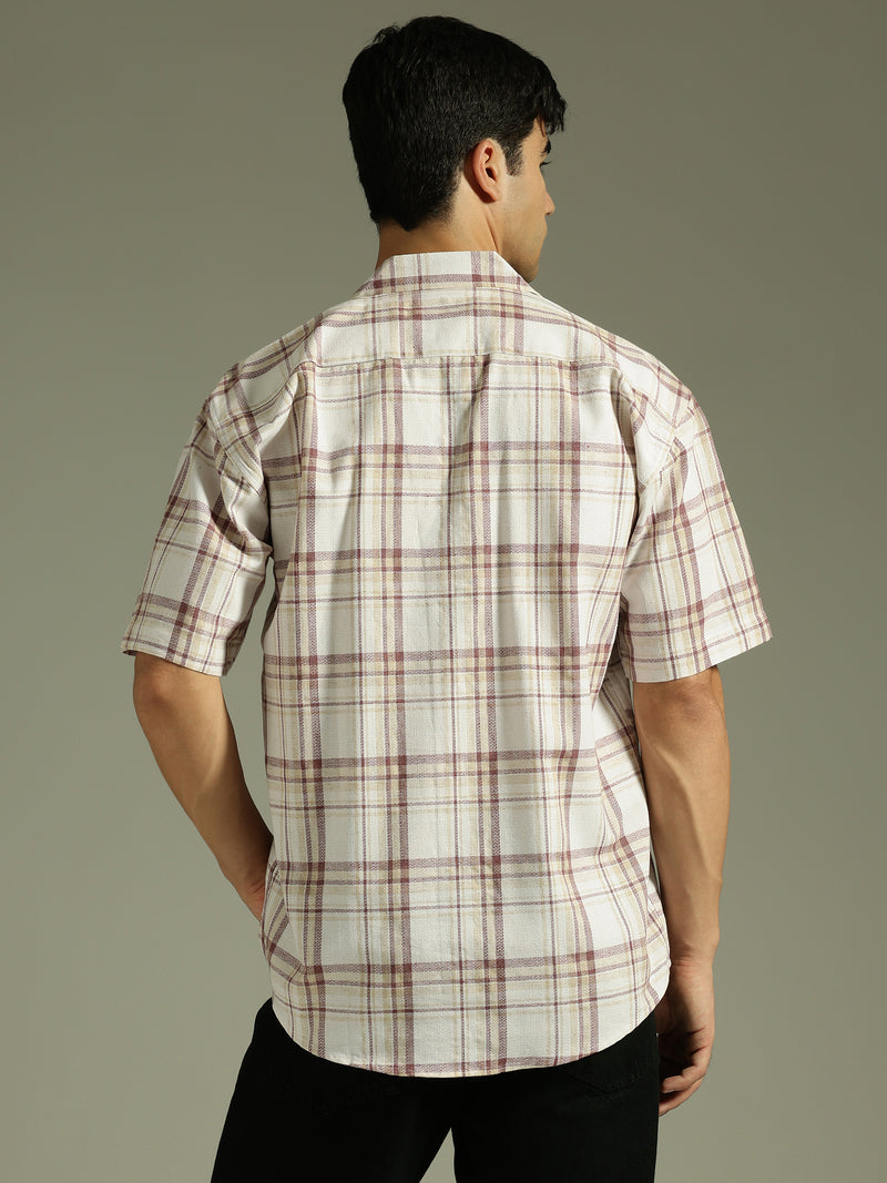Beige & Maroon: Half Sleeves Tartan Checks Shirt