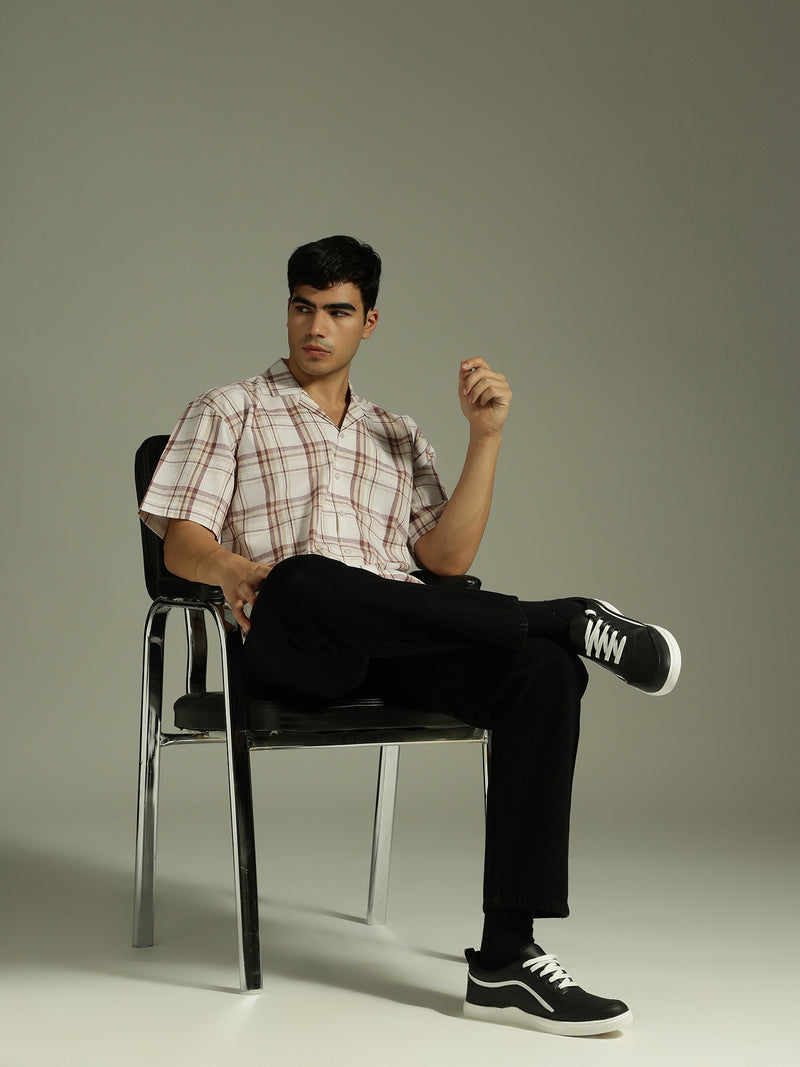 Beige & Maroon: Half Sleeves Tartan Checks Shirt