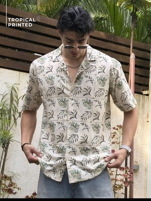 Cream: Half Sleeves Tropical Printed Shirt