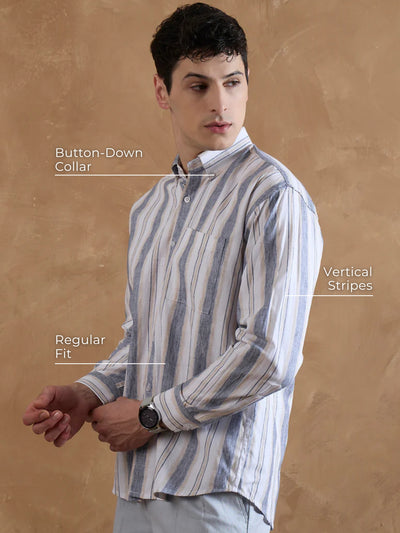 Blue & Cream: Full Sleeves Vertical Stripes Shirt