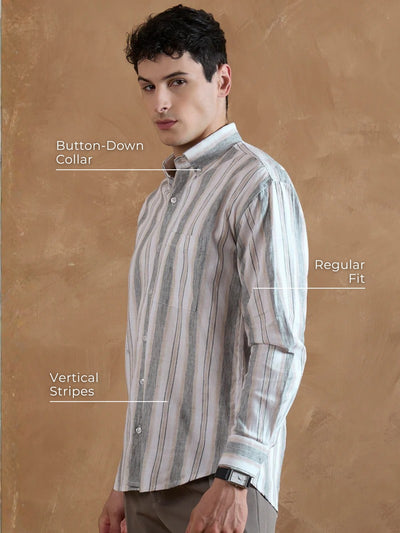 Grey & Cream: Full Sleeves Vertical Stripes Shirt