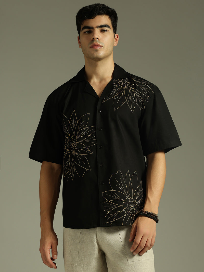 Black: Embroidered Drop Shoulder Oversized Shirt