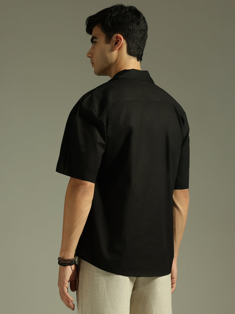 Black: Embroidered Drop Shoulder Oversized Shirt