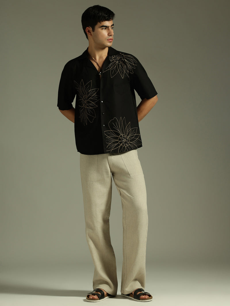Black: Embroidered Drop Shoulder Oversized Shirt