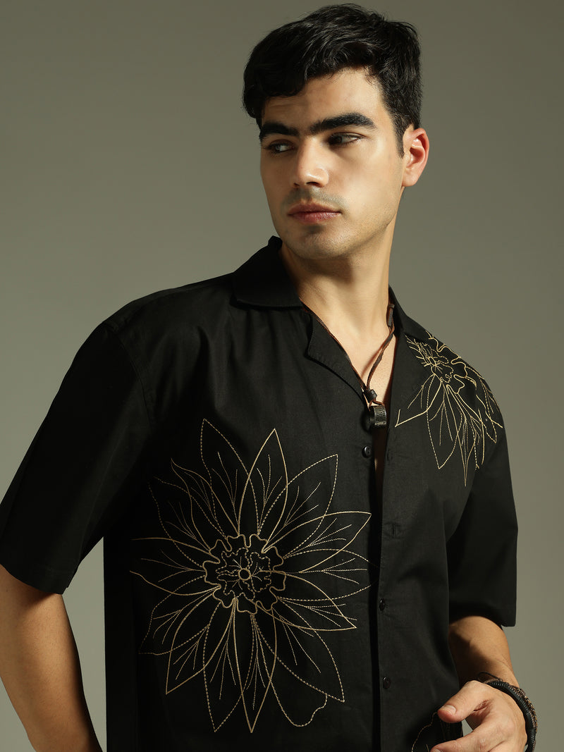Black: Embroidered Drop Shoulder Oversized Shirt
