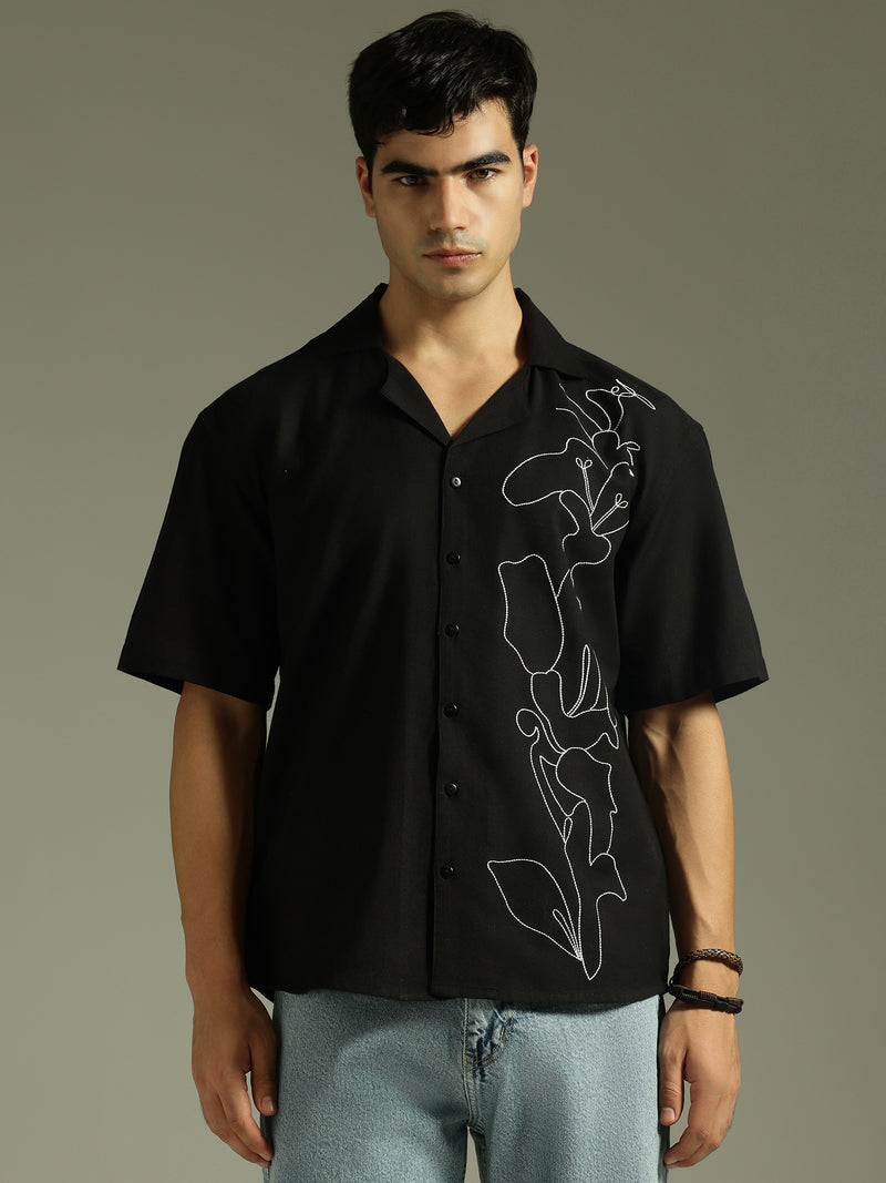 Black: Embroidered Drop Shoulder Oversized Shirt