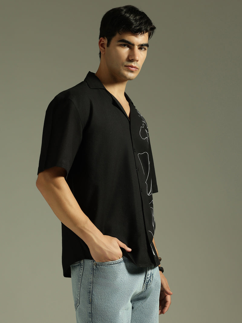 Black: Embroidered Drop Shoulder Oversized Shirt