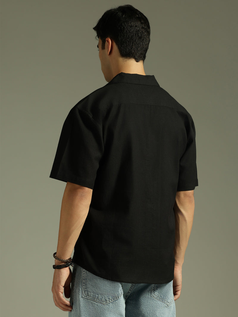 Black: Embroidered Drop Shoulder Oversized Shirt