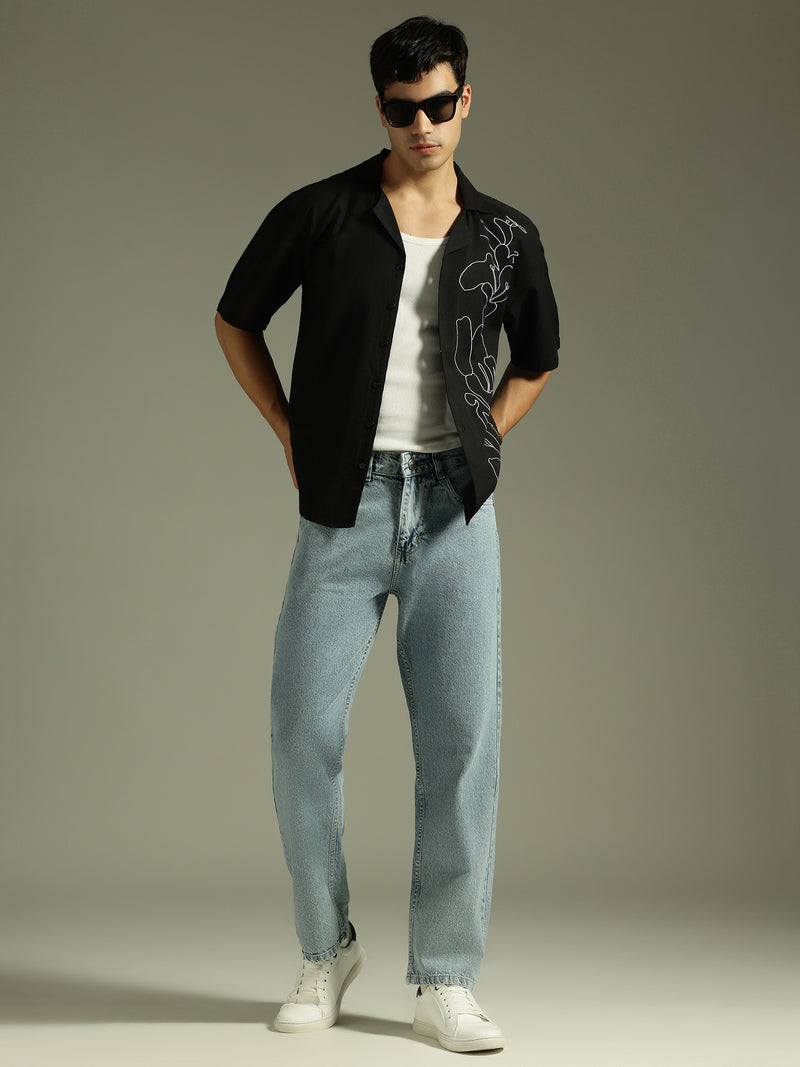 Black: Embroidered Drop Shoulder Oversized Shirt