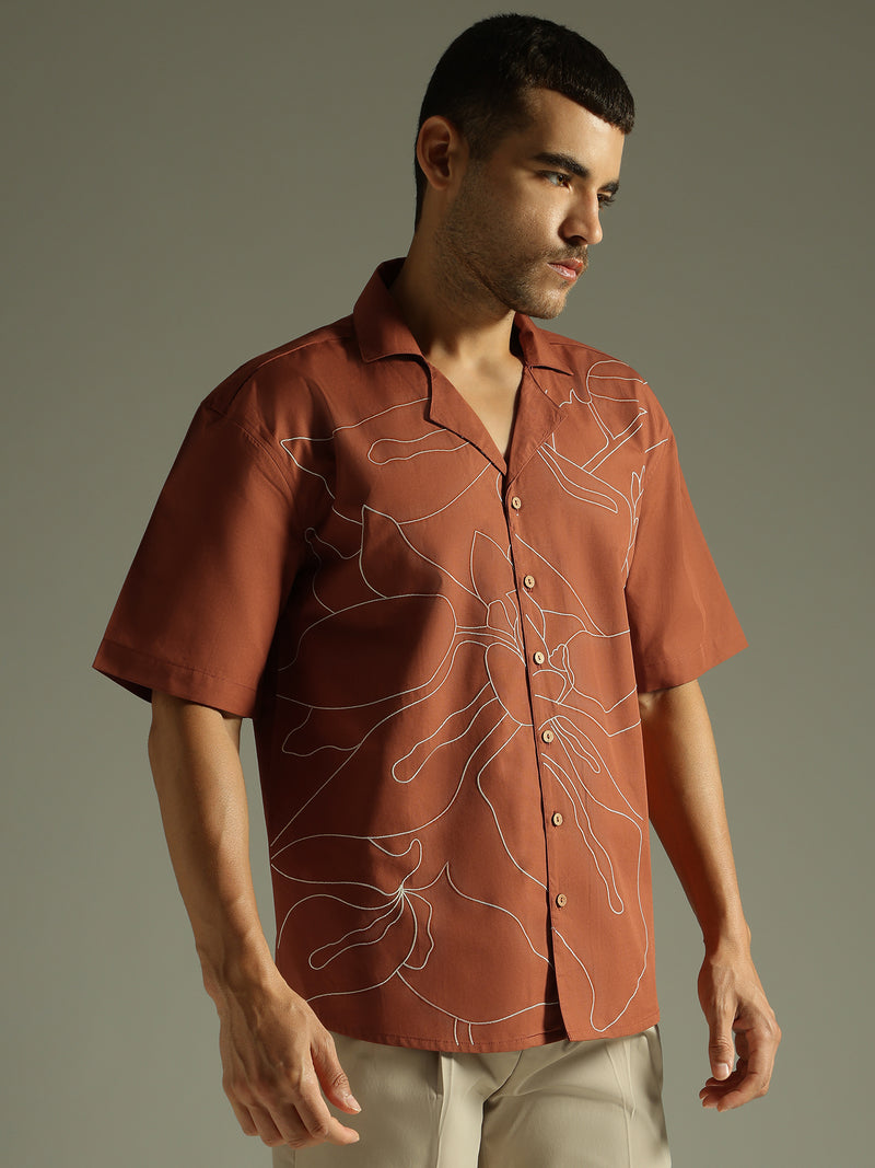 Rust: Embroidered Drop Shoulder Oversized Shirt