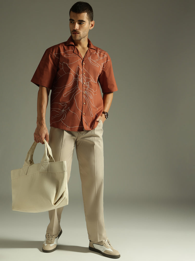 Rust: Embroidered Drop Shoulder Oversized Shirt