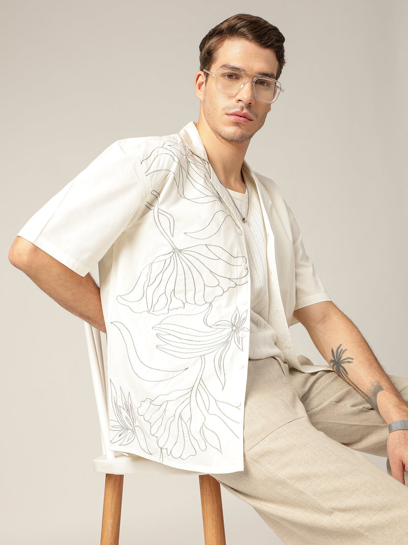 Off White: Embroidered Drop Shoulder Oversized Casual Shirt