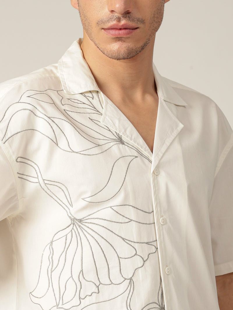 Off White: Embroidered Drop Shoulder Oversized Casual Shirt
