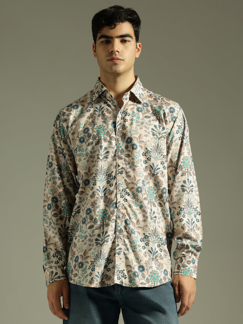 Beige: Full Sleeves Floral Printed Shirt