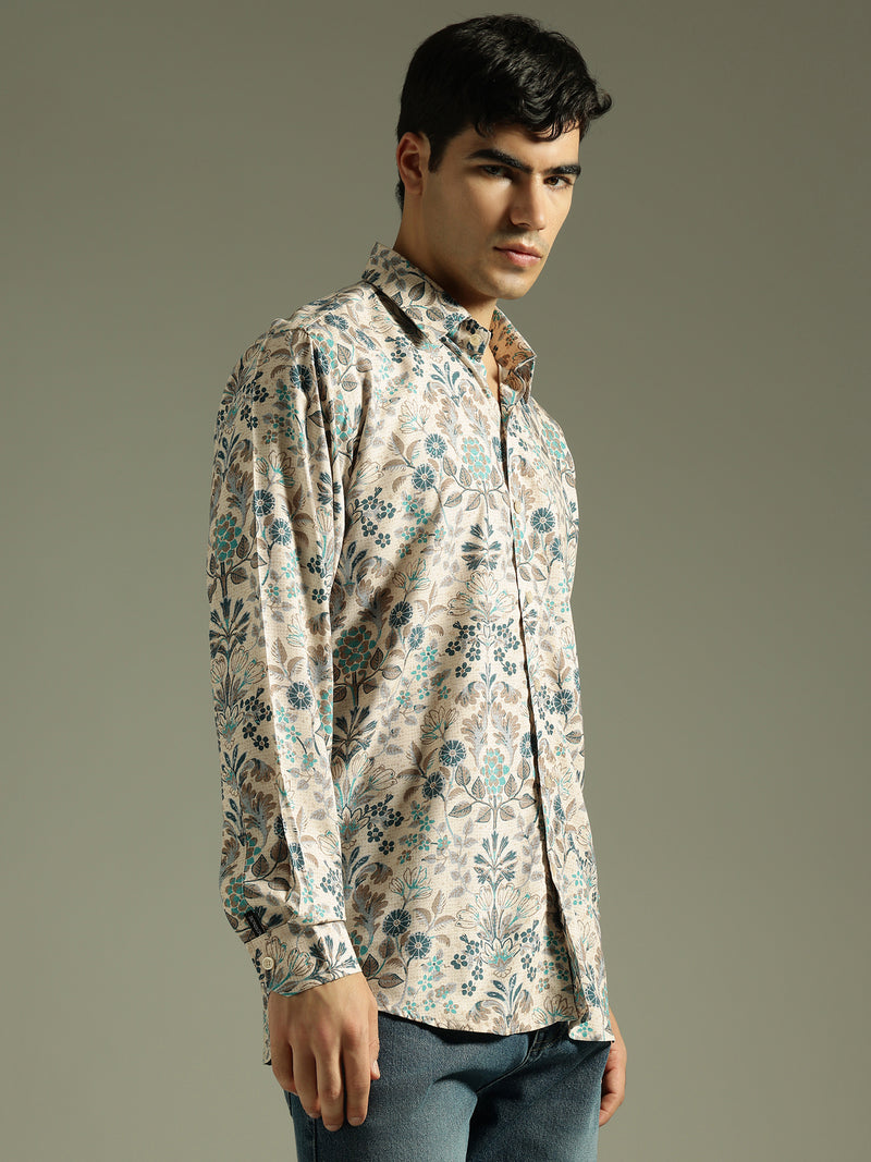 Beige: Full Sleeves Floral Printed Shirt