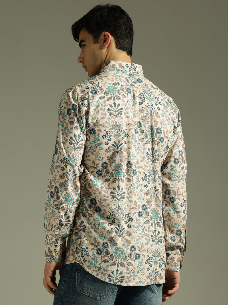 Beige: Full Sleeves Floral Printed Shirt